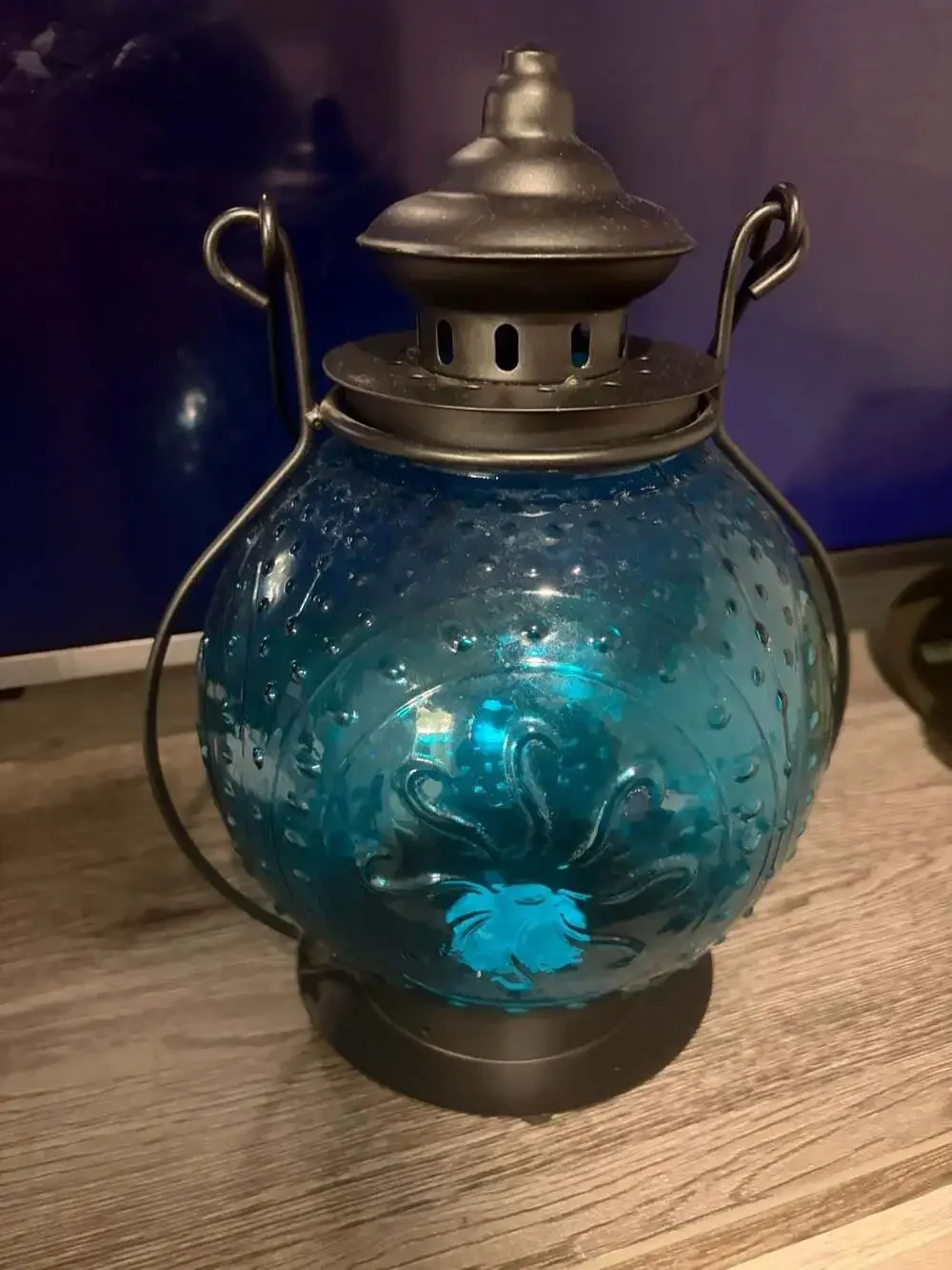 Vintage Style Teal Blue Embossed Round Glass Hanging Candle Lantern